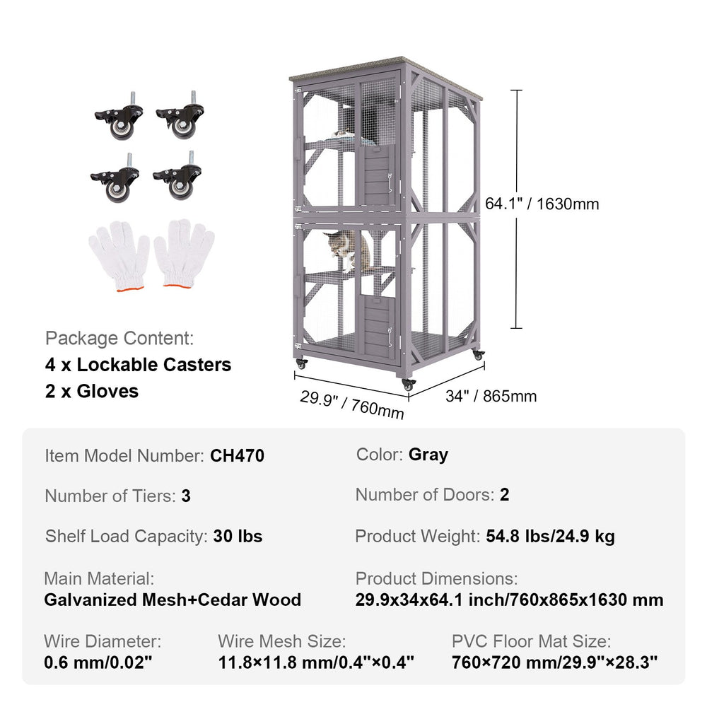 Vevor Cat House Outdoor 3-Tier Large Catio with 2 Platforms 1 Resting Box 29.9" x 34" x 64.1" New