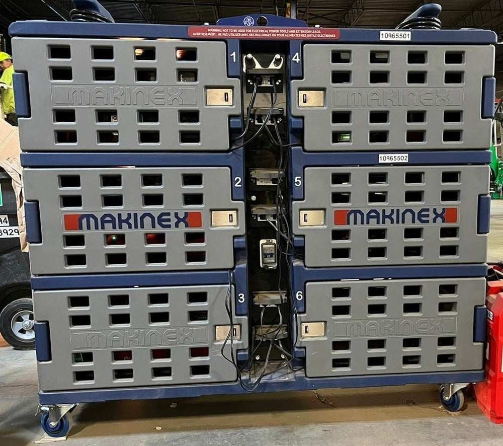 Makinex Mobile Charge Pod (MCP) front view with six locker doors (warehouse setting)