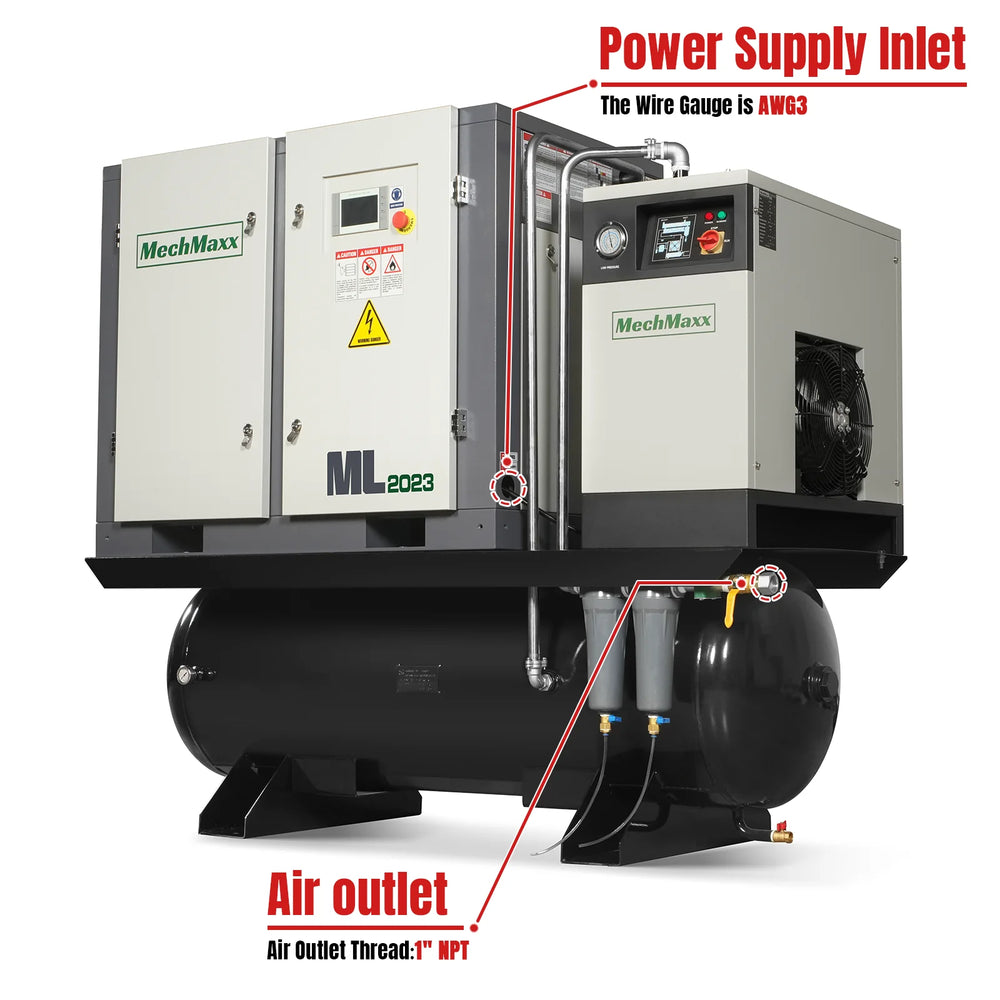 20HP Combined Rotary Screw Air Compressor with Dryer & 105-Gal ASME Tank | 78 CFM,  116 PSI,  230V 3-Phase - Industrial Grade