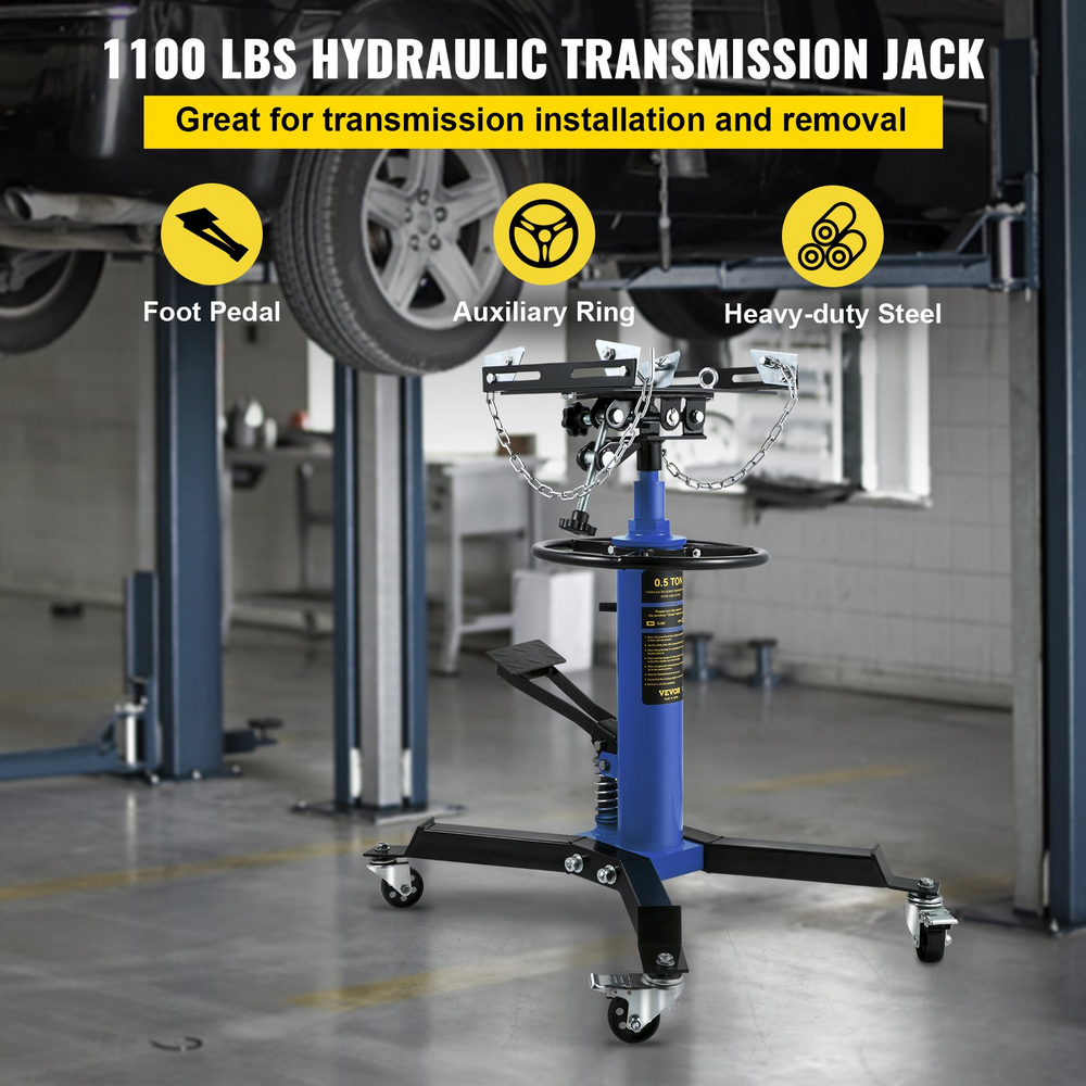 Vevor Transmission Floor Jack 1100 lbs Capacity Hydraulic Telescopic 2 Stage With Foot Pedal Blue New