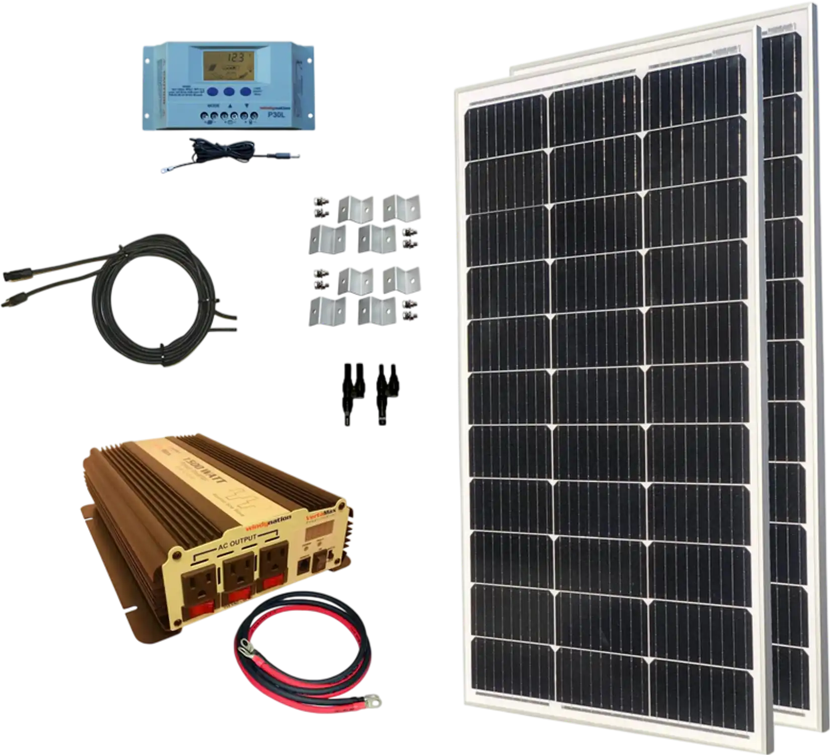 WindyNation MSPK-200W-15 Solar Panel Complete Kit 200W P30L LCD Controller with 1500W VertaMax Power Inverter for 12V Battery Systems New