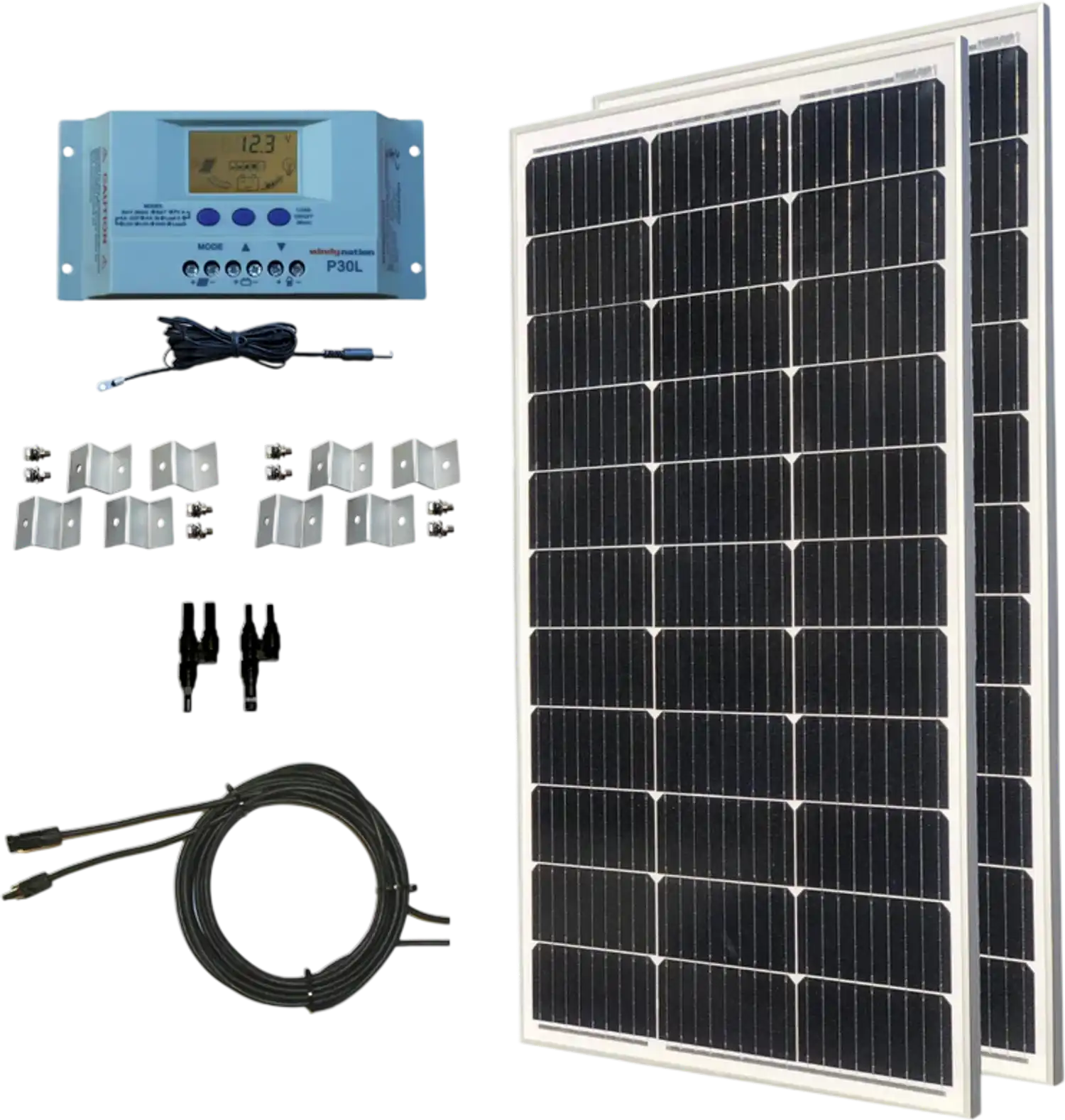 WindyNation MSPK-200W-P30L 200 Watt Solar Panel Kit With LCD Charge Controller New