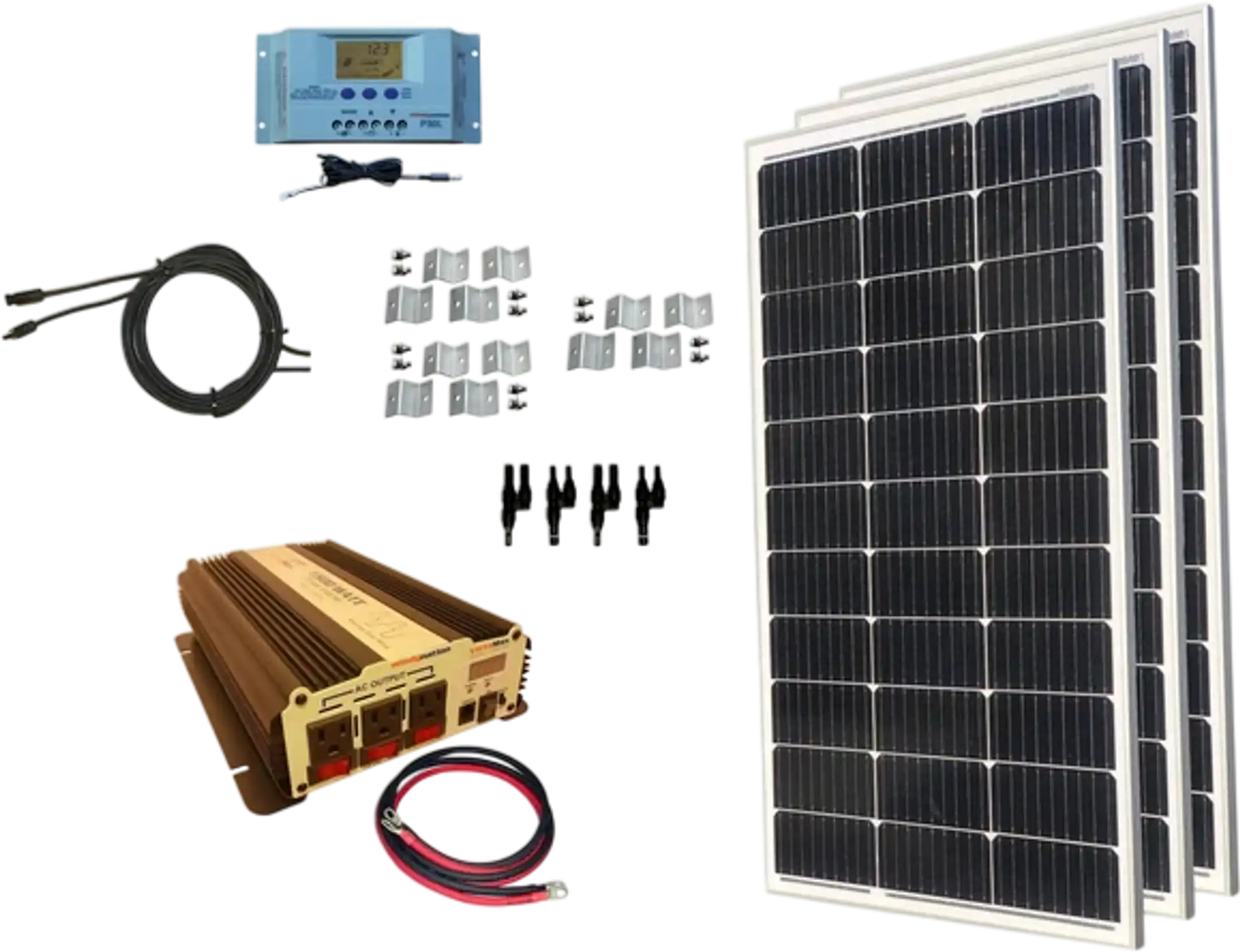 WindyNation MSPK-300W-15 Solar Panel Complete Kit P30L LCD Controller with  1500W VertaMax Power Inverter for 12 Volt Battery Systems New