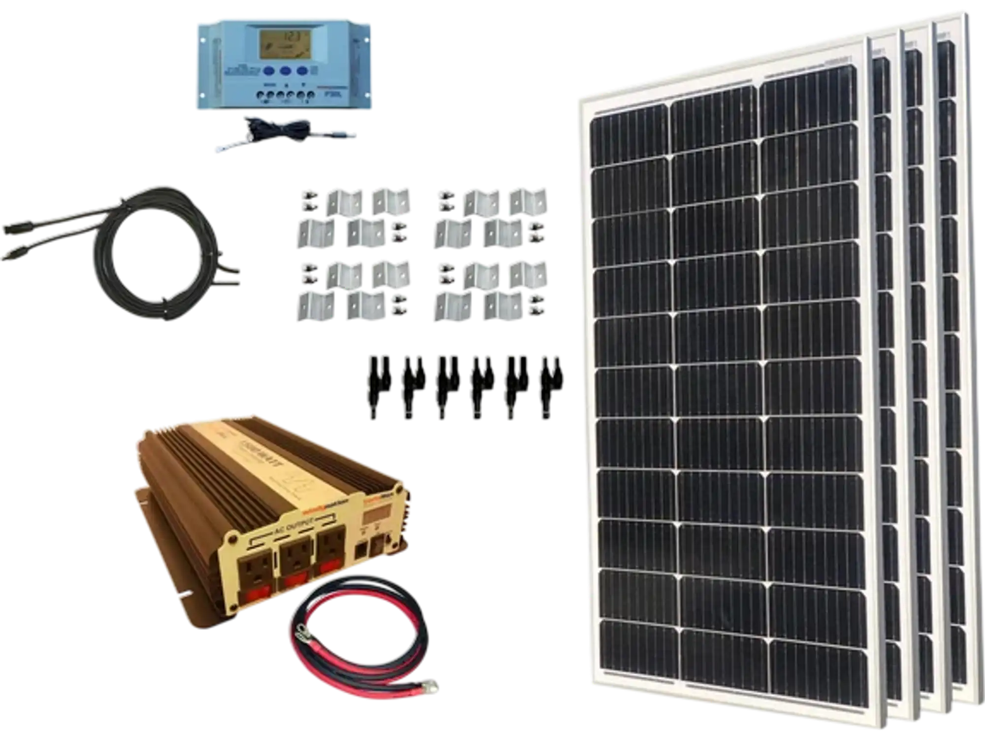 WindyNation MSPK-400W-15 Solar Panel Complete Kit 400W P30L LCD Controller with VertaMax Power Inverter for 12 Volt Battery Systems New