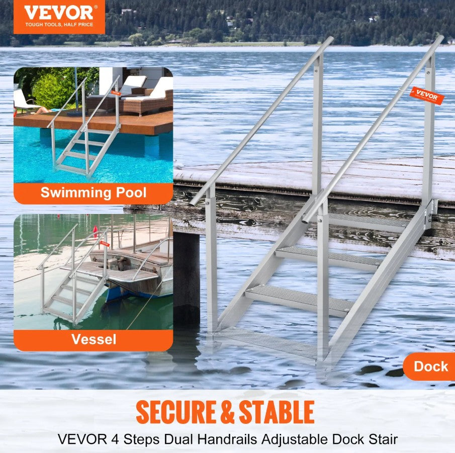 Vevor Dock Ladder 500 Lbs Capacity 30"-38" Adjustable Height 4-Step Aluminum with Dual Handrails New