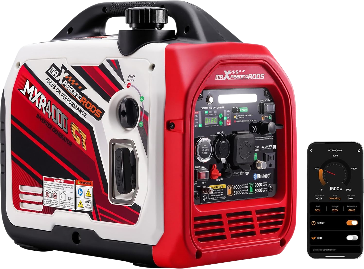 Maxpeedingrods MXR4000GT-US Dual Fuel Inverter Generator 3200W/4000W Low THD Parallel RV Ready CO Alert Bluetooth Control New