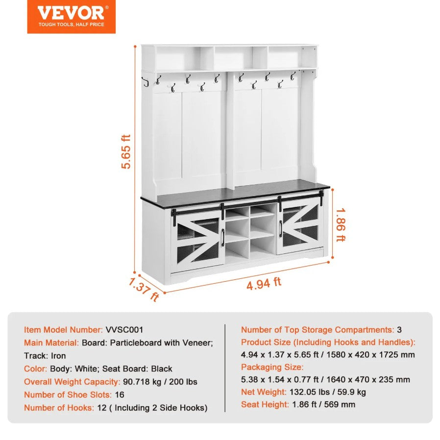 Vevor Hall Tree Entryway Bench 59" with LED Coat Rack Shoe Storage and 12 Hooks New