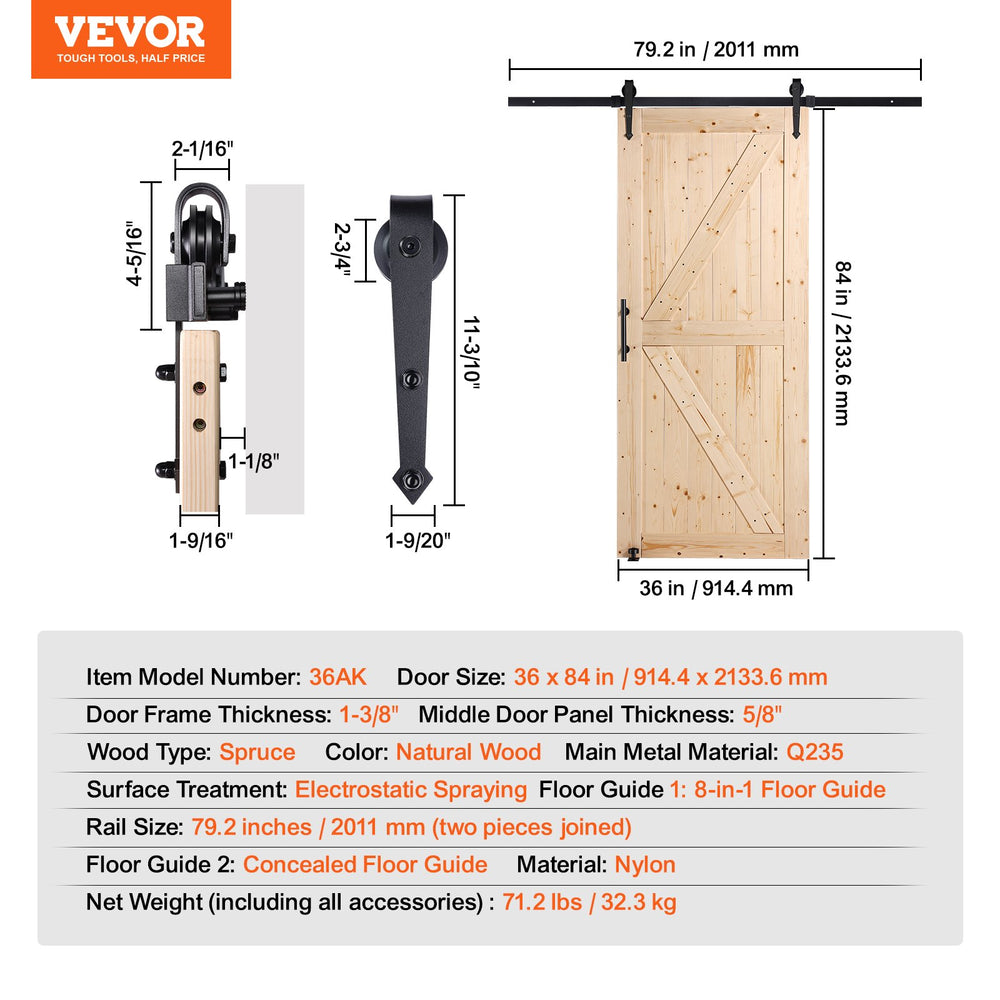 Vevor Barn Door and Hardware Kit 36" x 84" Smooth and Quiet Wood Sliding Door Kit New