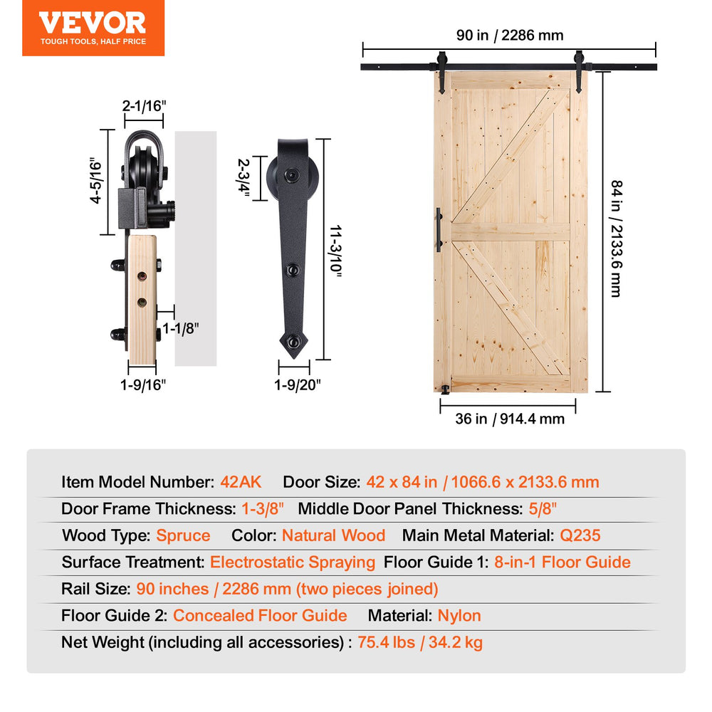 Vevor Barn Door and Hardware Kit 42" x 84" Smooth and Quiet Wood Sliding Door Kit New