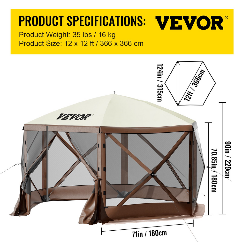 Vevor Camping Gazebo Tent 12' x 12' 6 Sided Pop Up Canopy Screen For 8 People With Storage Bag New