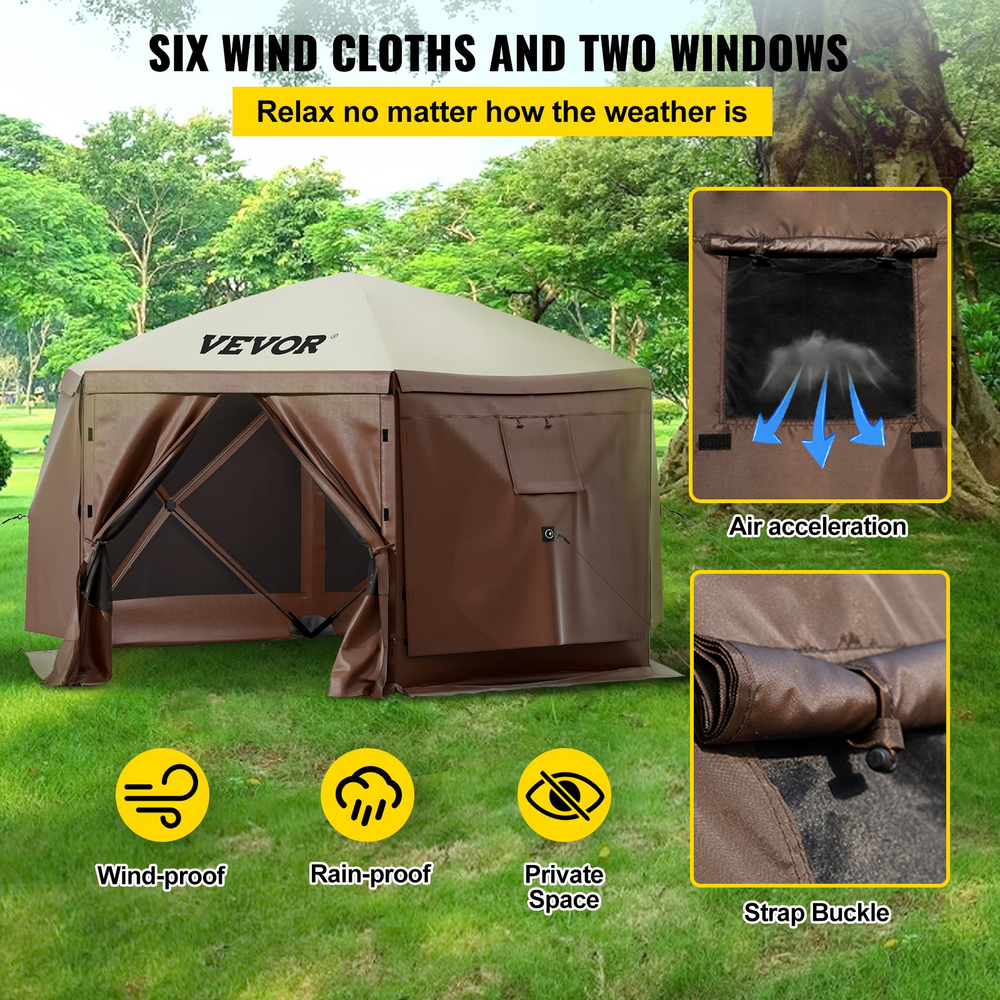 Vevor Camping Gazebo Tent 12' x 12' 6 Sided Pop Up Canopy Screen For 8 People With Storage Bag New