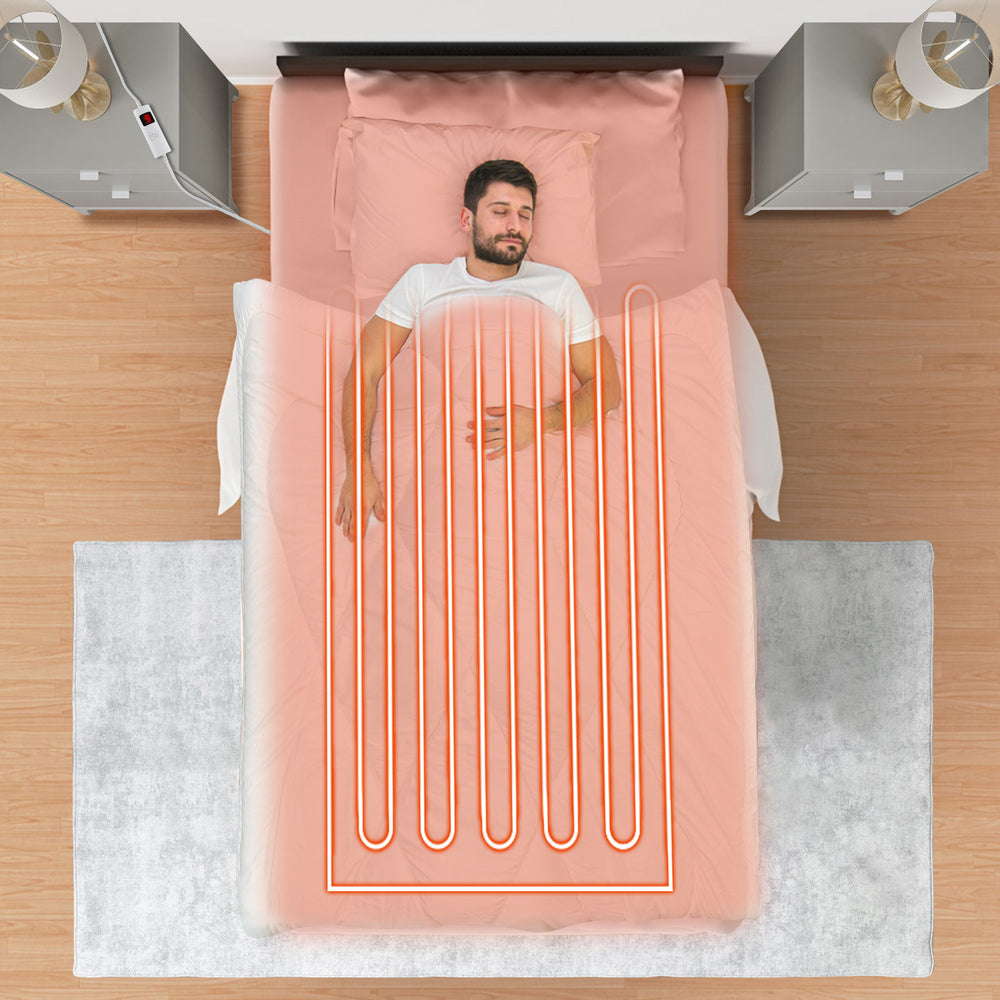 Twin size electric bed warmer with dual controllers, 9 heat settings, and overheat protection for personalized comfort.