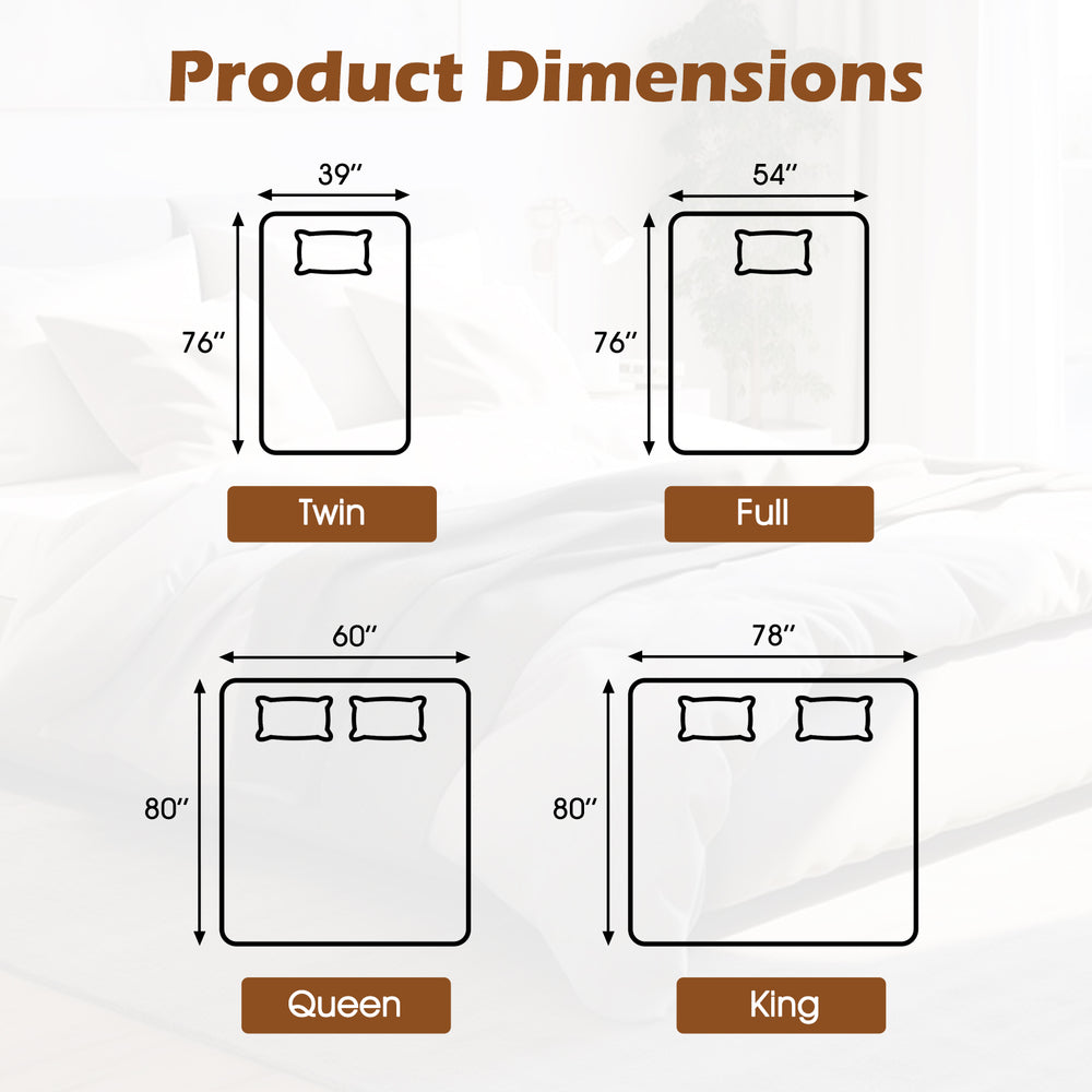 Product dimensions for Twin, Full, Queen, and King sizes of the machine washable electric bed warmer with dual.