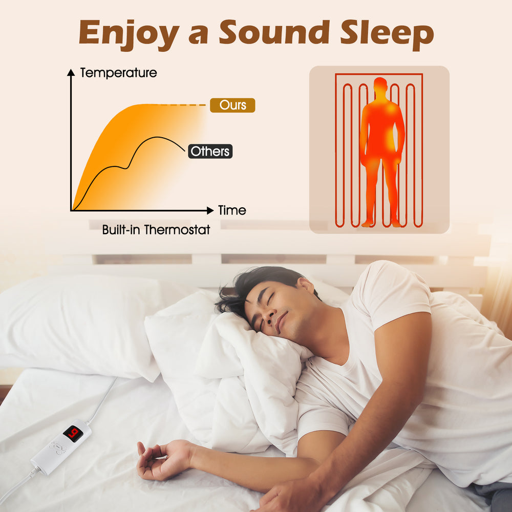 Machine washable electric bed warmer with dual controllers, 9 heat settings, and built-in thermostat for personalized.