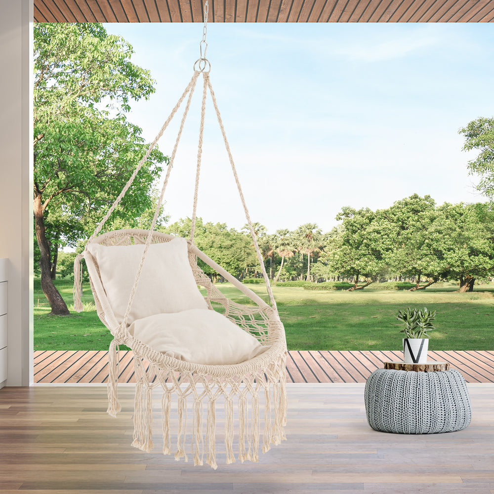Hanging Hammock Chair with Soft Seat Cushions and Sturdy Rope Chain-Beige - Gallery View 1 of 9