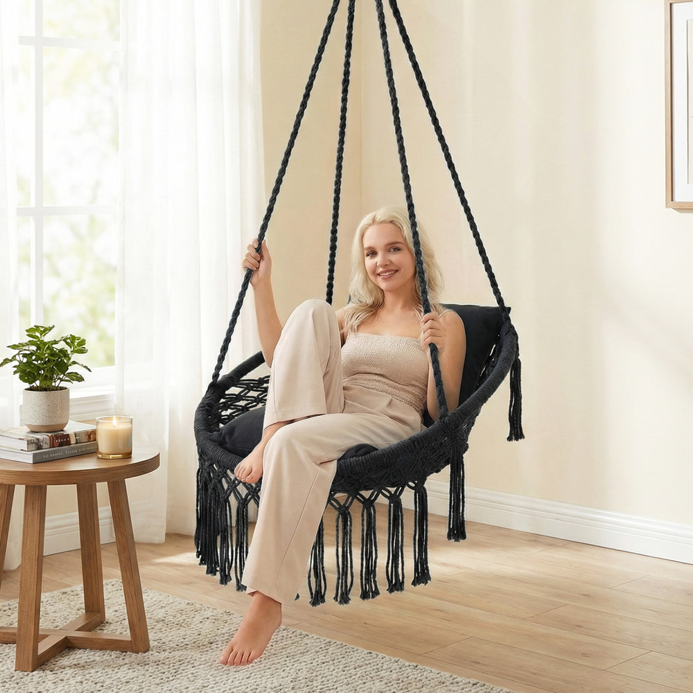 Macrame Swing Chair Hammock Chair with 2 Removable Cushions-Black - Gallery View 1 of 10