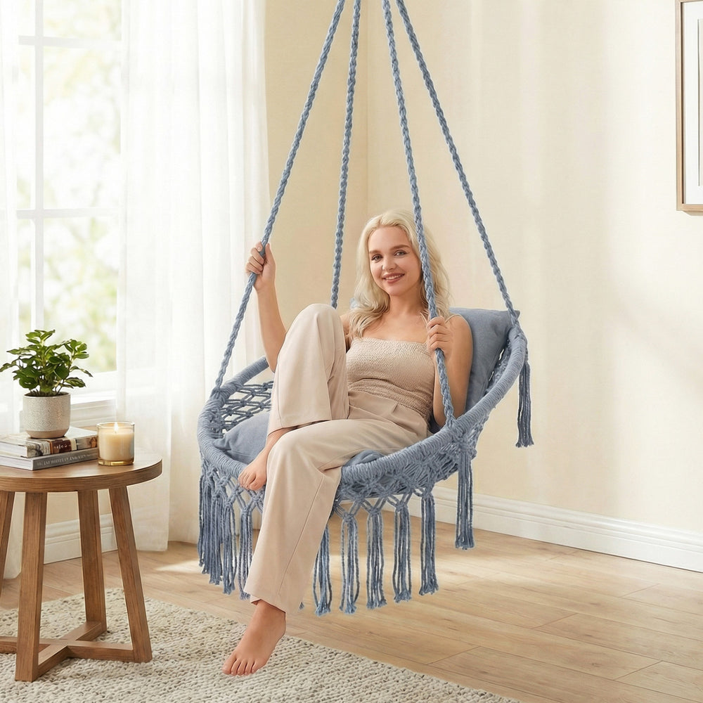 Macrame Swing Chair Hammock Chair with 2 Removable Cushions-Grey - Gallery View 1 of 10