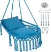 Macrame swing chair hammock in navy with two removable cushions, featuring decorative fringes for indoor or outdoor use.