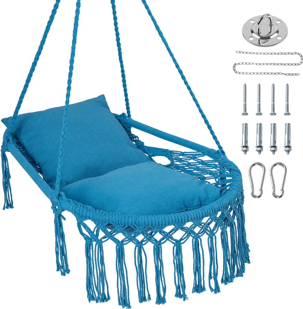 Macrame swing chair hammock in navy with two removable cushions, featuring decorative fringes for indoor or outdoor use.