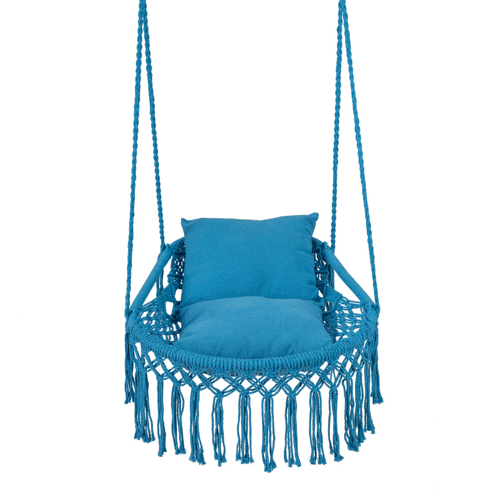 Macrame swing chair in navy with two removable cushions, featuring decorative fringes for indoor or outdoor use.