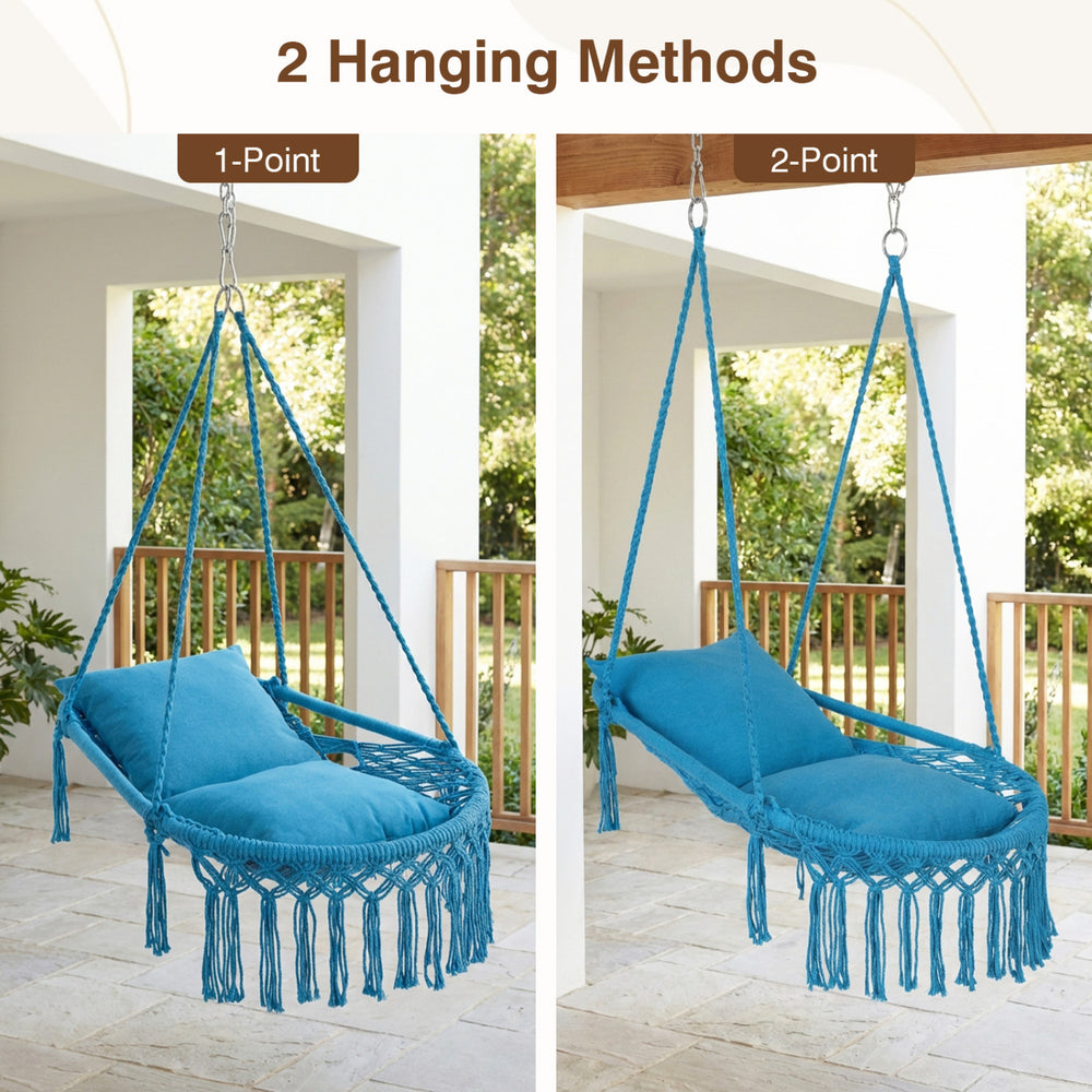Macrame swing chair hammock in navy with two hanging methods, featuring removable cushions and decorative fringes.