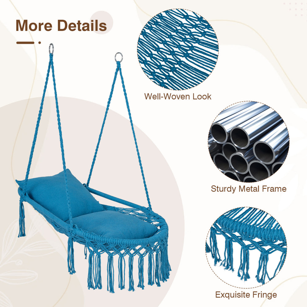 Navy macrame swing chair with sturdy metal frame, removable cushions, and decorative fringes for indoor or outdoor use.