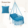 Macrame swing chair hammock in navy with two removable cushions, featuring decorative fringes and sturdy metal frame.
