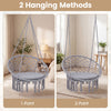 Macrame swing chair hammock in grey, showcasing two hanging methods and a spacious seat cushion for comfort.