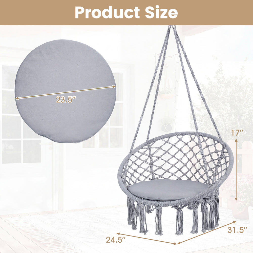 Macrame swing chair hammock with round grey seat cushion, dimensions 24.5" x 17", ideal for indoor and outdoor use.