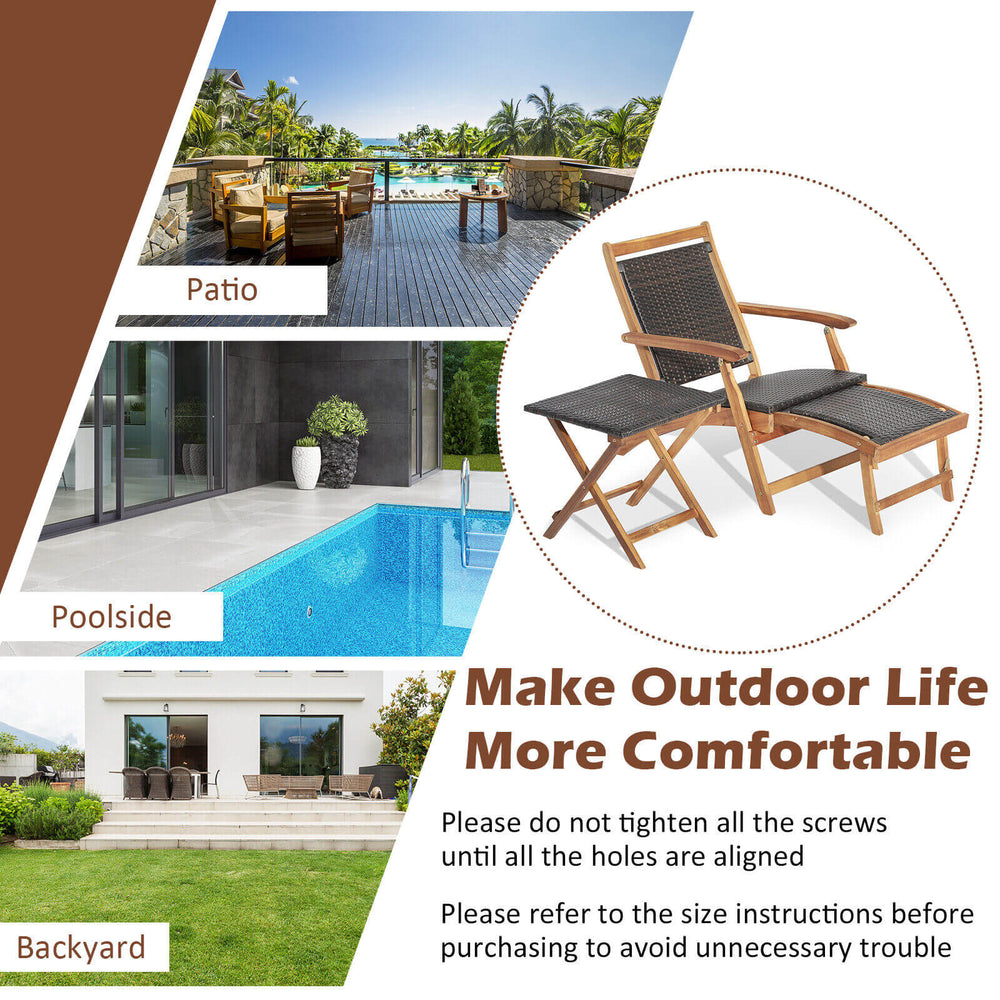 Folding lounge chair with acacia wood table in brown PE wicker, perfect for patio or poolside relaxation.
