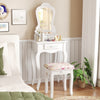 Elegant white makeup dressing table with three drawers and cushioned stool, perfect for organizing cosmetics in style.