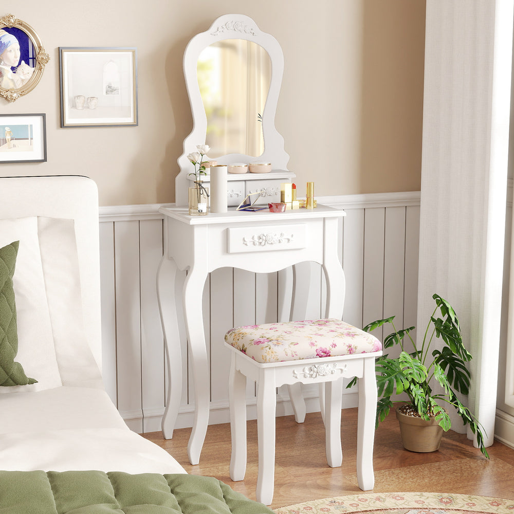Makeup Dressing Table and Bench 3 Drawers and Cushioned Stool for Girls-White - Gallery View 1 of 10