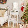 Makeup dressing table with three drawers, cushioned stool, and removable mirror in elegant white design for girls'.