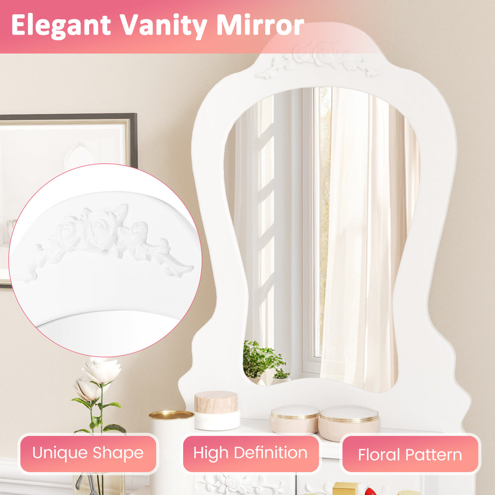 Elegant vanity mirror with floral pattern, unique shape, and high definition, perfect for makeup application.