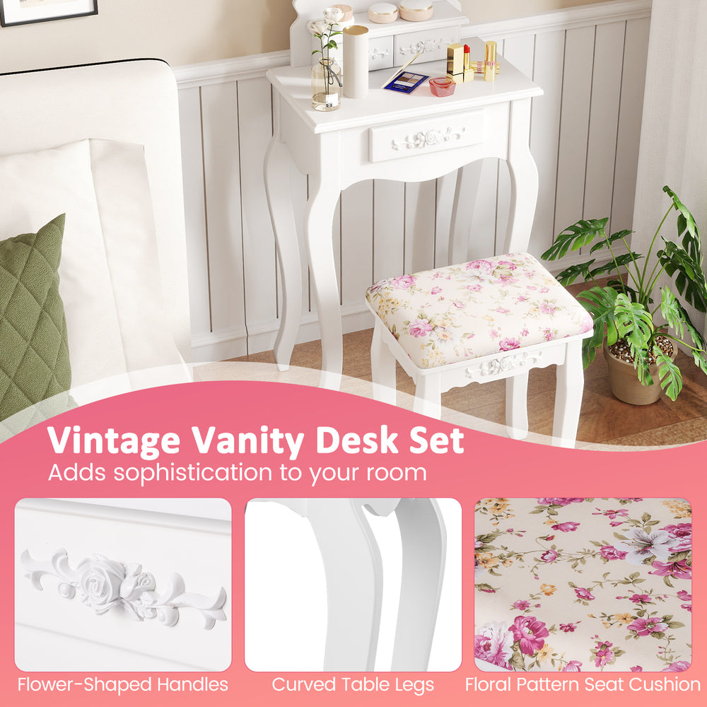Vintage vanity desk set in white with floral cushion, featuring three drawers and elegant curved legs for stylish.