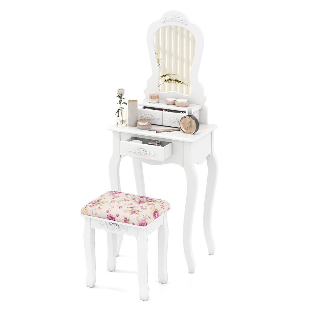 Elegant white makeup dressing table with three drawers and cushioned stool, perfect for organizing cosmetics.
