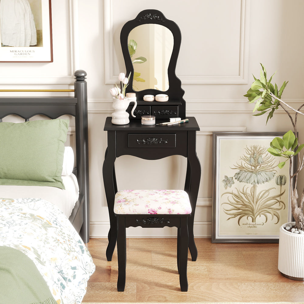Makeup Dressing Table and Bench 3 Drawers and Cushioned Stool for Girls-Black - Gallery View 1 of 10