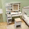 Makeup dressing table set in white with 3-color lighted mirror, storage drawers, and cushioned stool for elegant beauty.