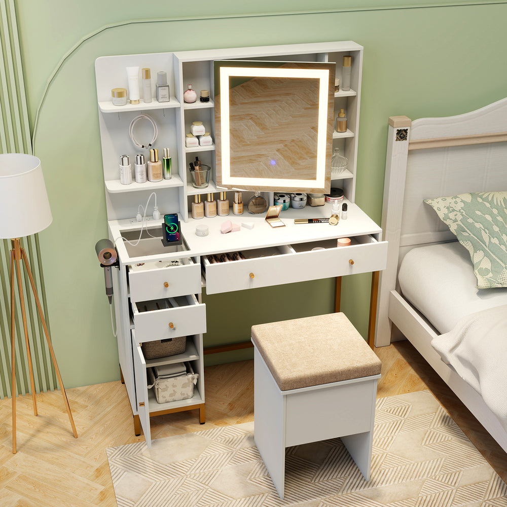 Makeup dressing table set in white with 3-color lighted mirror, storage drawers, and cushioned stool for elegant beauty.