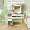 Makeup dressing table with 3-color lighted mirror, multiple storage options, and elegant tempered glass top for.