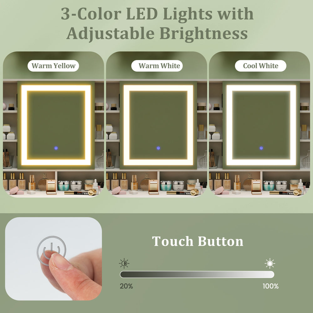 3-color LED lighted mirror with adjustable brightness, showcasing warm yellow, warm white, and cool light modes for.