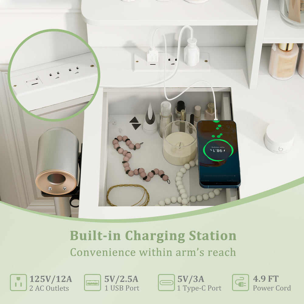 Makeup dressing table with built-in charging station, featuring 2 AC outlets and USB ports for convenience.
