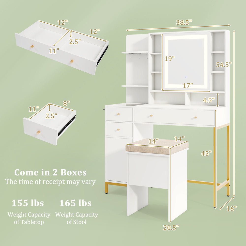 Makeup dressing table set in white with 3 lighting modes, storage drawers, and cushioned stool for beauty routines.