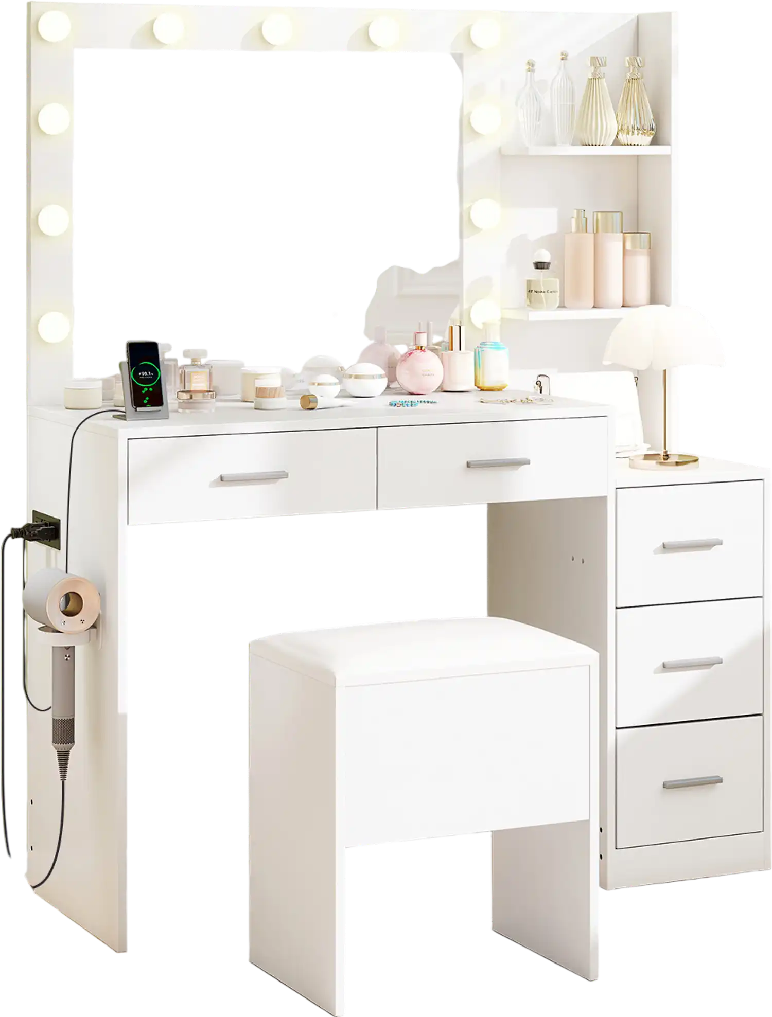 Costway Makeup Vanity Table & Stool Set w/ Hair Dryer Stand White 928516347 New