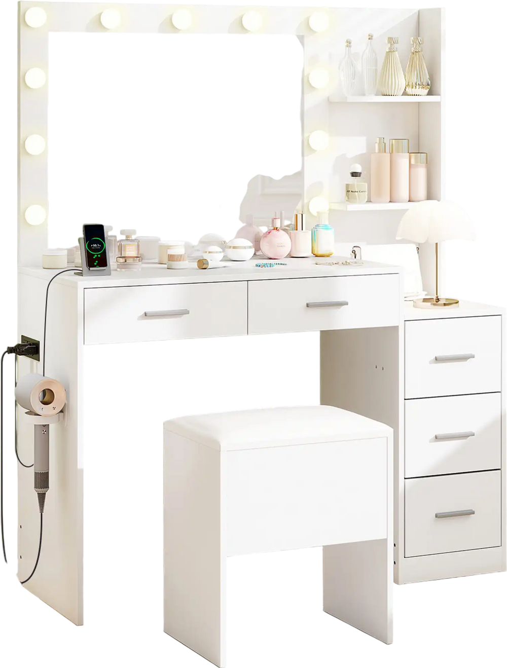 Makeup table and stool set in white with HD mirror, adjustable lighting, and hair dryer stand for stylish organization.