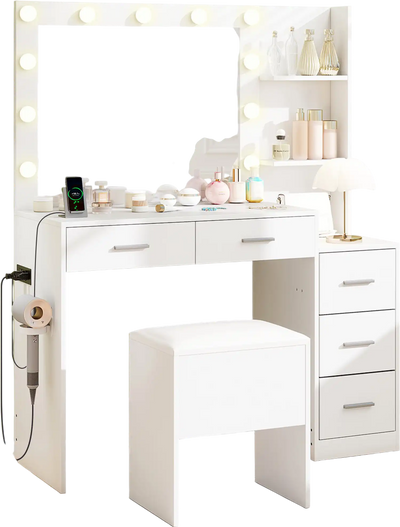 Costway Makeup Vanity Table & Stool Set w/ Hair Dryer Stand White 928516347 New