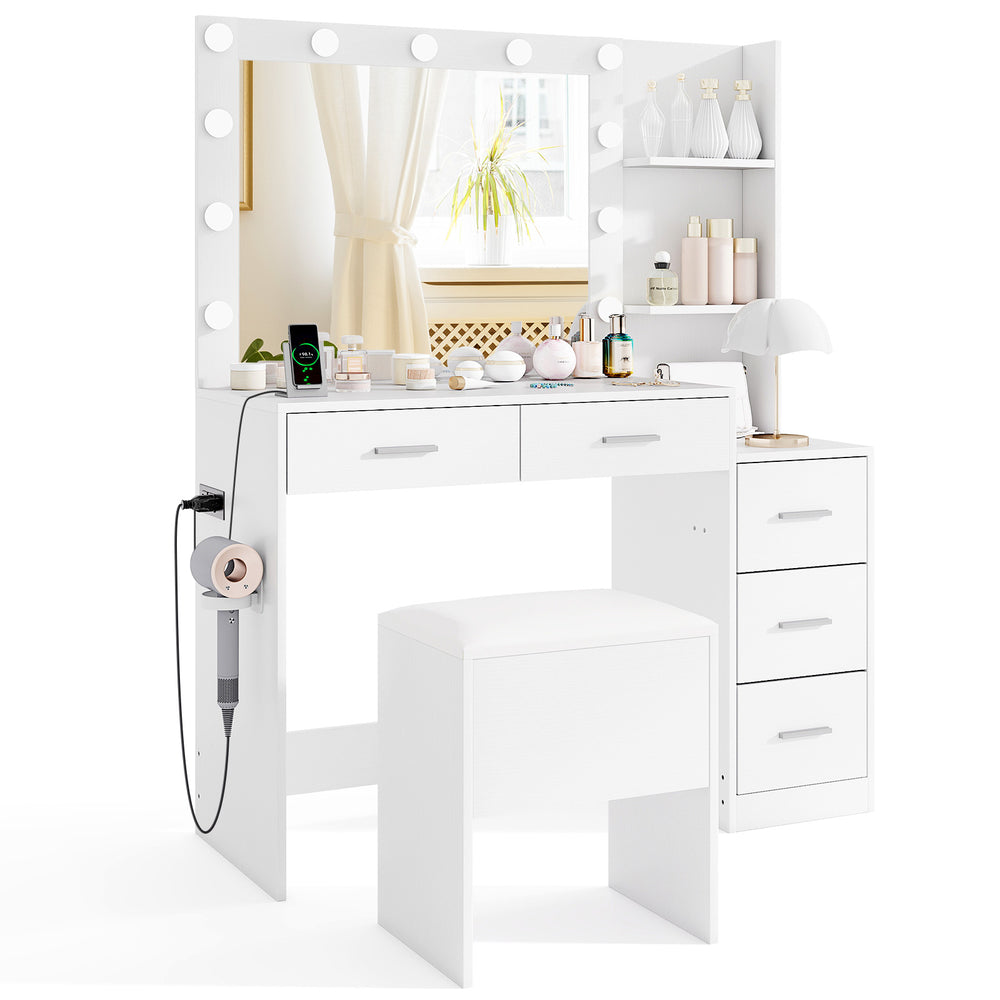 Cozy padded stool with hidden storage, complementing the white makeup table and elegant design for stylish beauty.