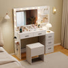 Makeup table and stool set in white with HD mirror, adjustable lighting, and hair dryer stand for elegant vanity use.