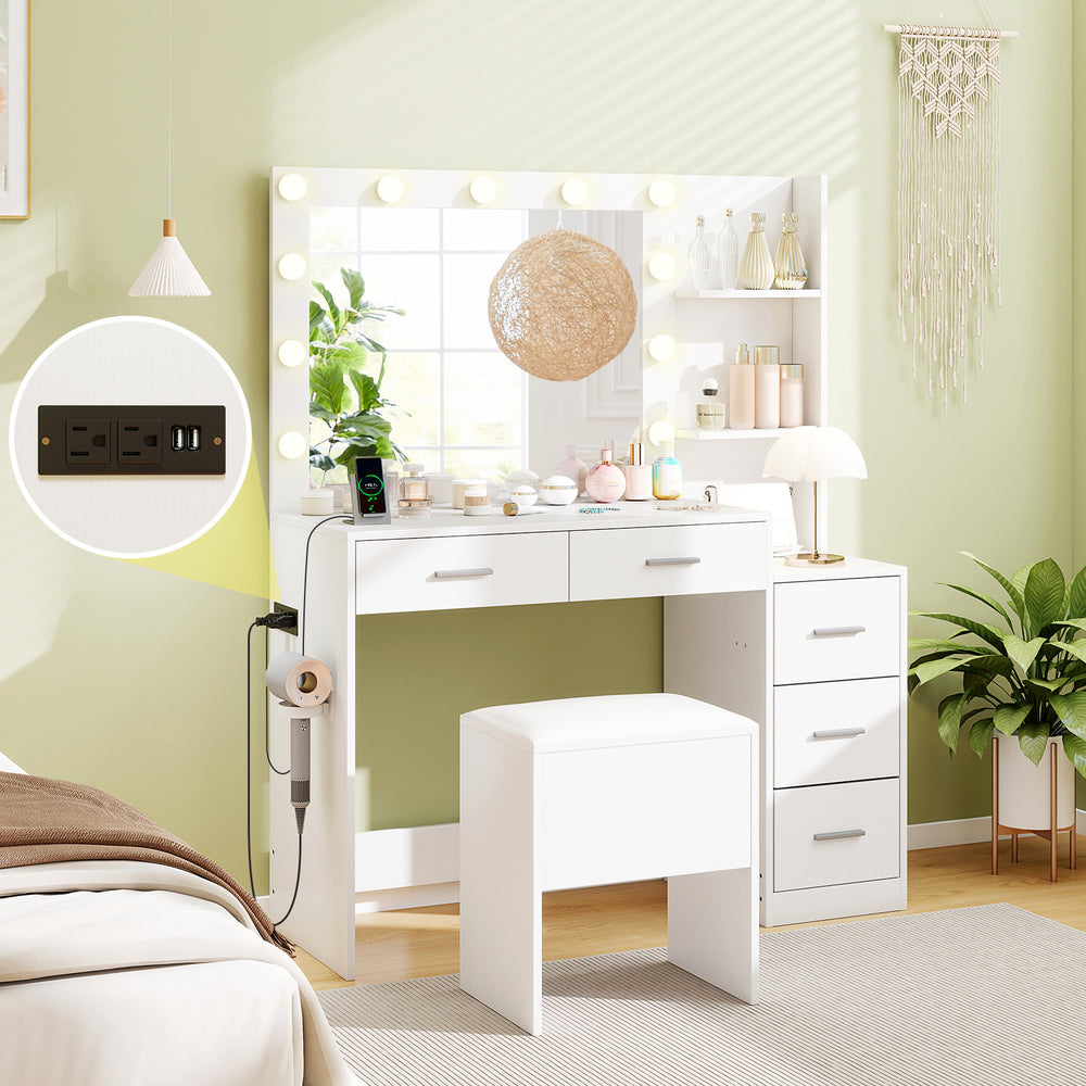 Hair dryer stand on white makeup table set, featuring adjustable brightness and modern design for convenient styling.