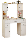 Makeup vanity desk in white with lighted mirror, adjustable shelves, and storage drawers for organized beauty.